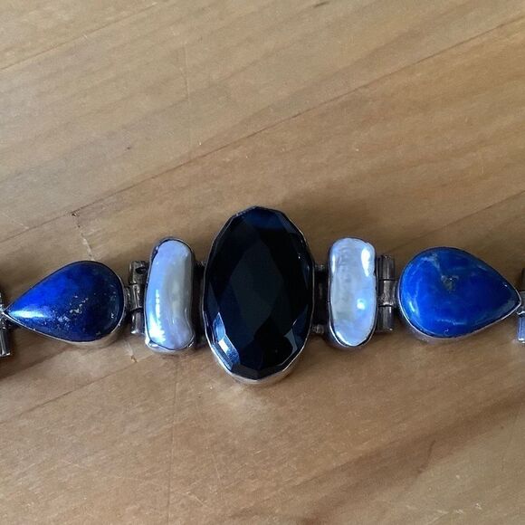 STERLING SILVER VINTAGE BLACK ONYX/LAPIS/PEARL BRACELET​ - Picture 1 of 8